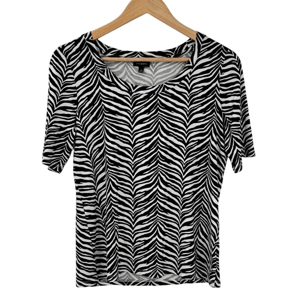 Talbots Womens Zebra Print Scoop Neck Short‎ Sleeve Top Black White Size M